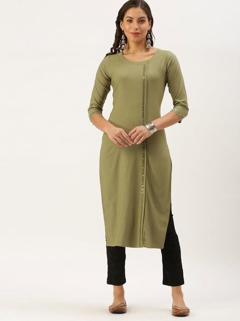 showoff olive cotton calf length straight kurta