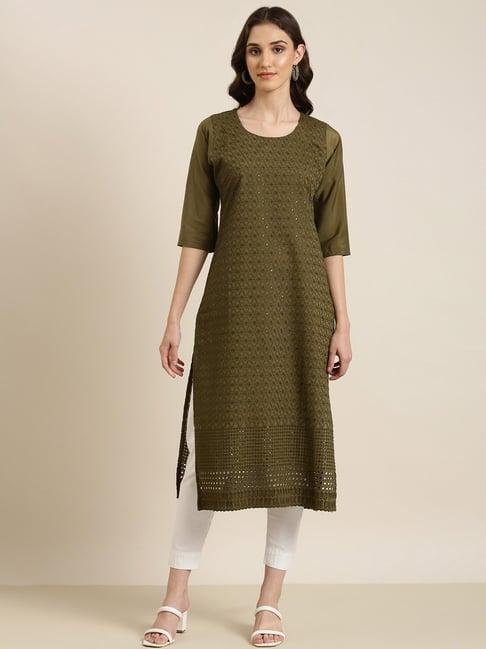 showoff olive cotton embellished kurta