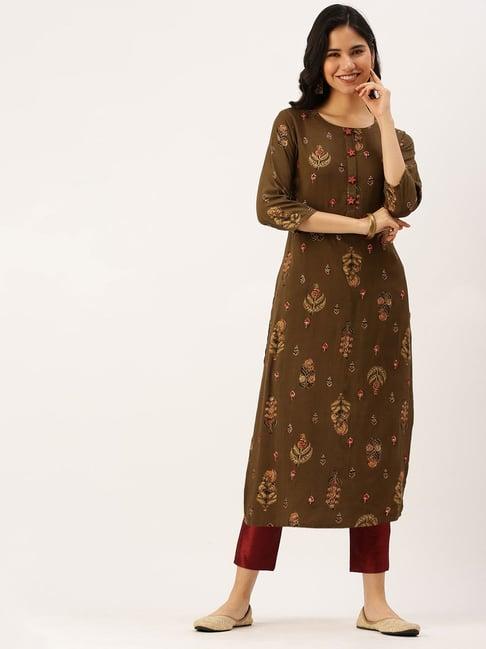 showoff olive cotton floral calf length straight kurta