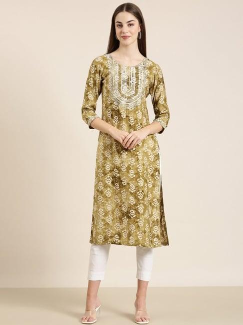 showoff olive cotton floral print kurta