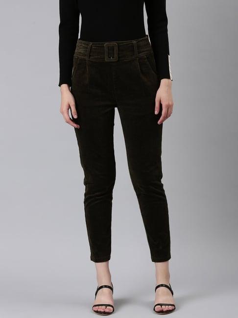 showoff olive cotton slim fit mid rise trousers