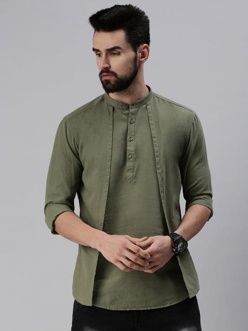 showoff olive cotton slim fit printed kurta