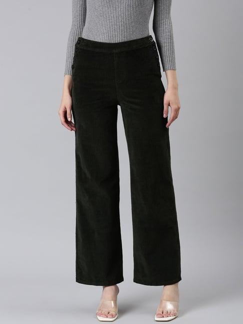 showoff olive cotton straight fit mid rise trousers