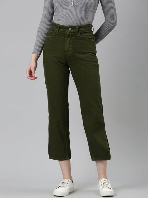 showoff olive denim straight fit mid rise jeans