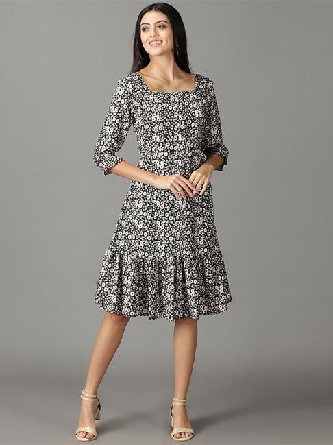 showoff olive green & white floral print a-line dress