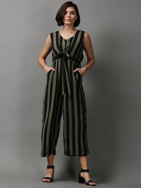 showoff olive green cotton striped a-line jumpsuit