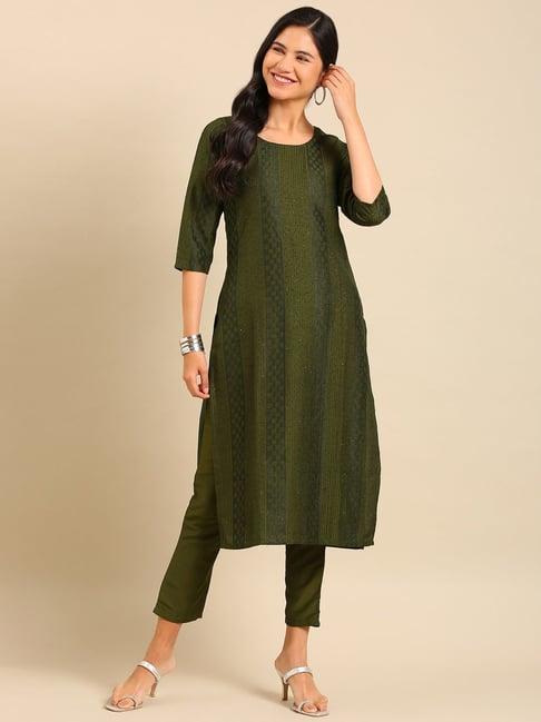 showoff olive green embroidered kurta pant set