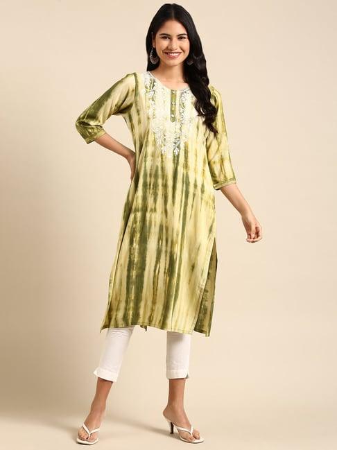 showoff olive green embroidered straight kurta