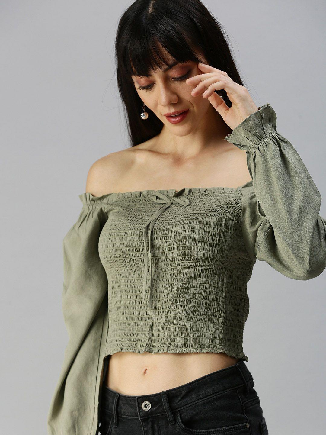 showoff olive green off-shoulder bardot top