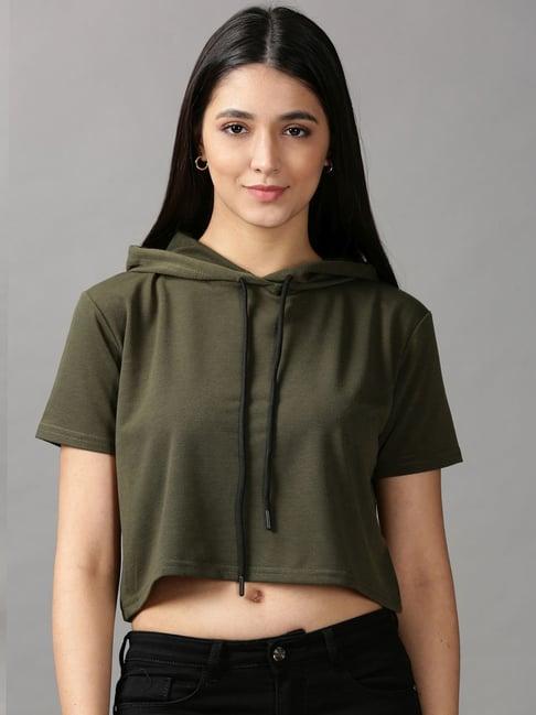 showoff olive green regular fit crop top