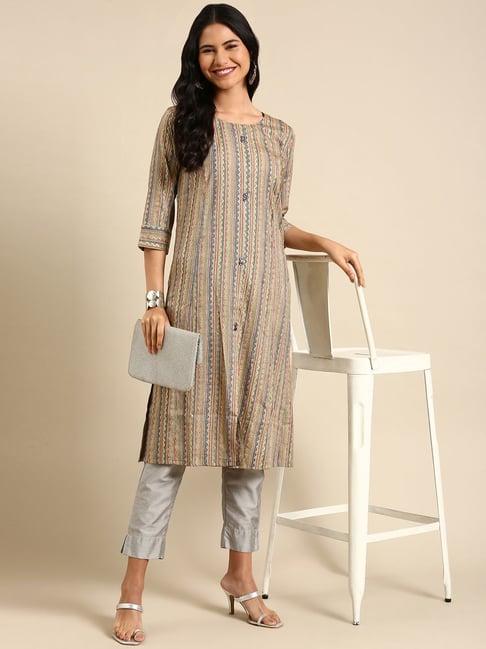 showoff olive green striped straight kurta