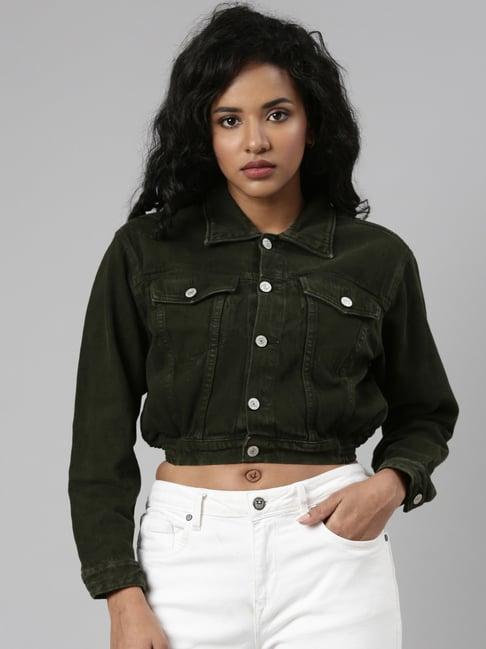 showoff olive regular fit crop denim jacket