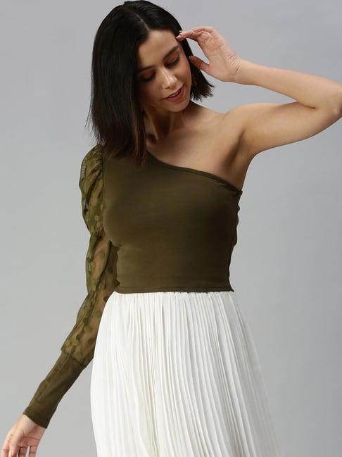 showoff one shoulder solid olive crop top