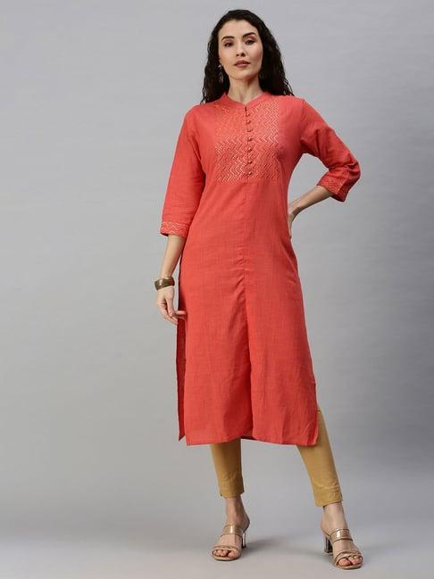 showoff orange calf length straight kurta