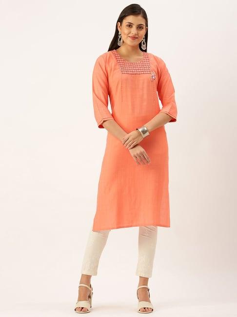 showoff orange cotton embellished calf length straight kurta