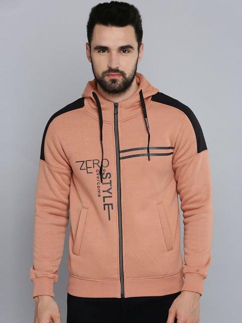 showoff orange cotton regular fit printed hooded sweatshirt