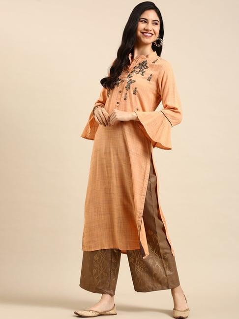 showoff orange embroidered straight calf length kurta with palazzo