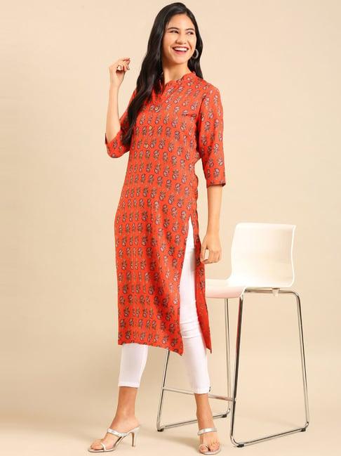 showoff orange floral print straight kurta