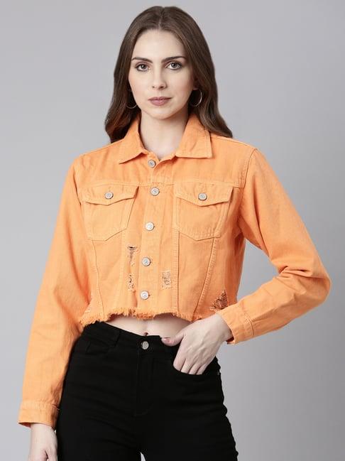 showoff orange regular fit crop denim jacket