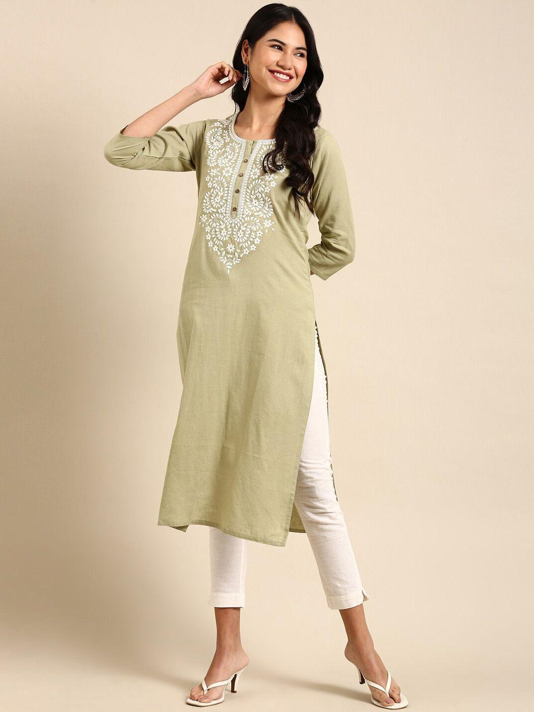 showoff paisley embroidered cotton pastels kurta