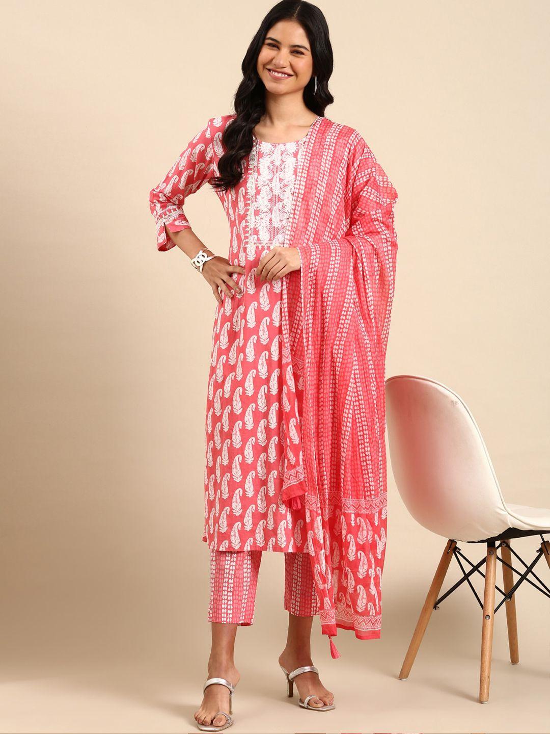 showoff paisley printed thread work straight kurta with trousers & dupatta