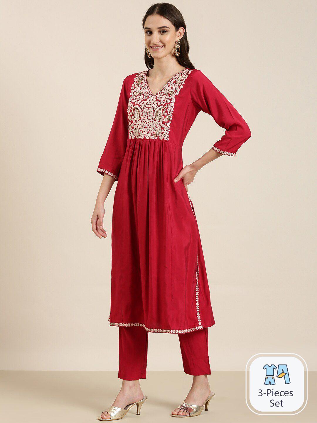 showoff paisley yoke design v-neck empire thread work kurta with trousers & dupatta