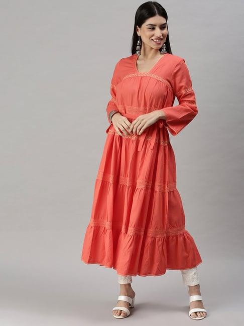 showoff peach calf length anarkali kurta