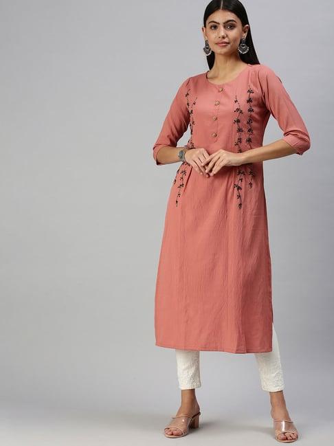 showoff peach calf length straight kurta