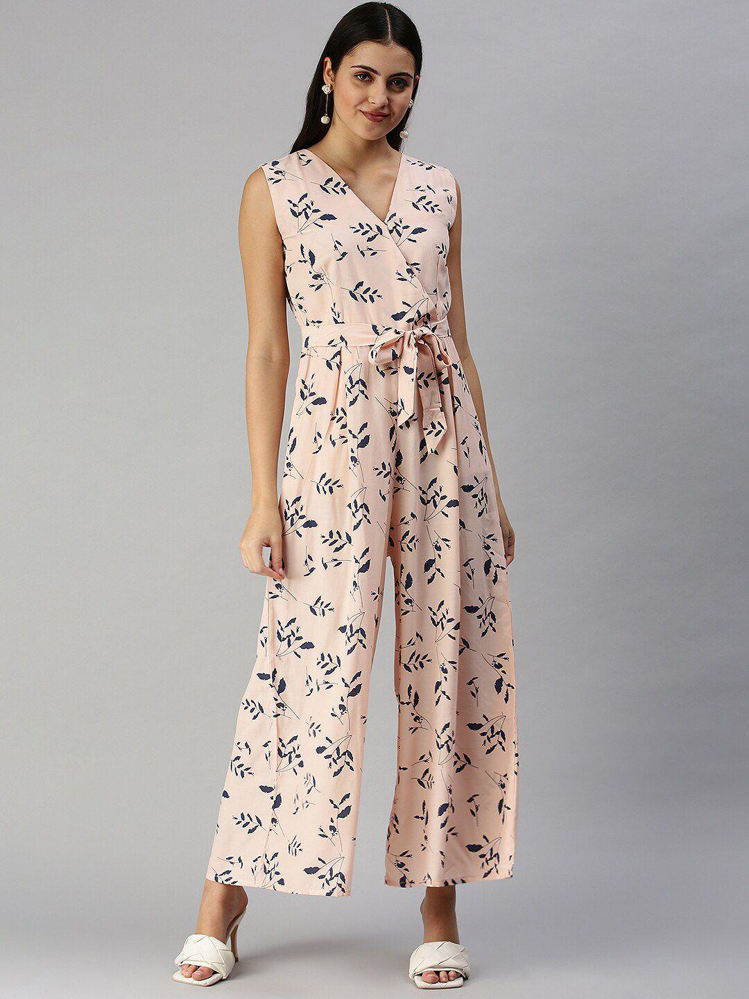 showoff peach-coloured & navy blue printed culotte jumpsuit