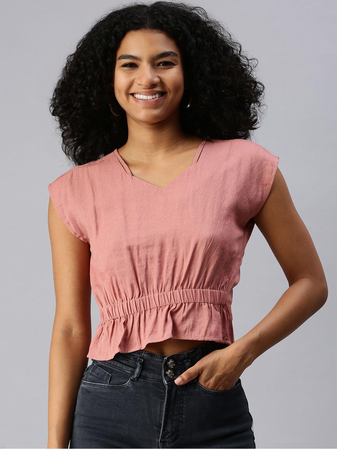 showoff peach-coloured extended sleeves cinched waist crop top