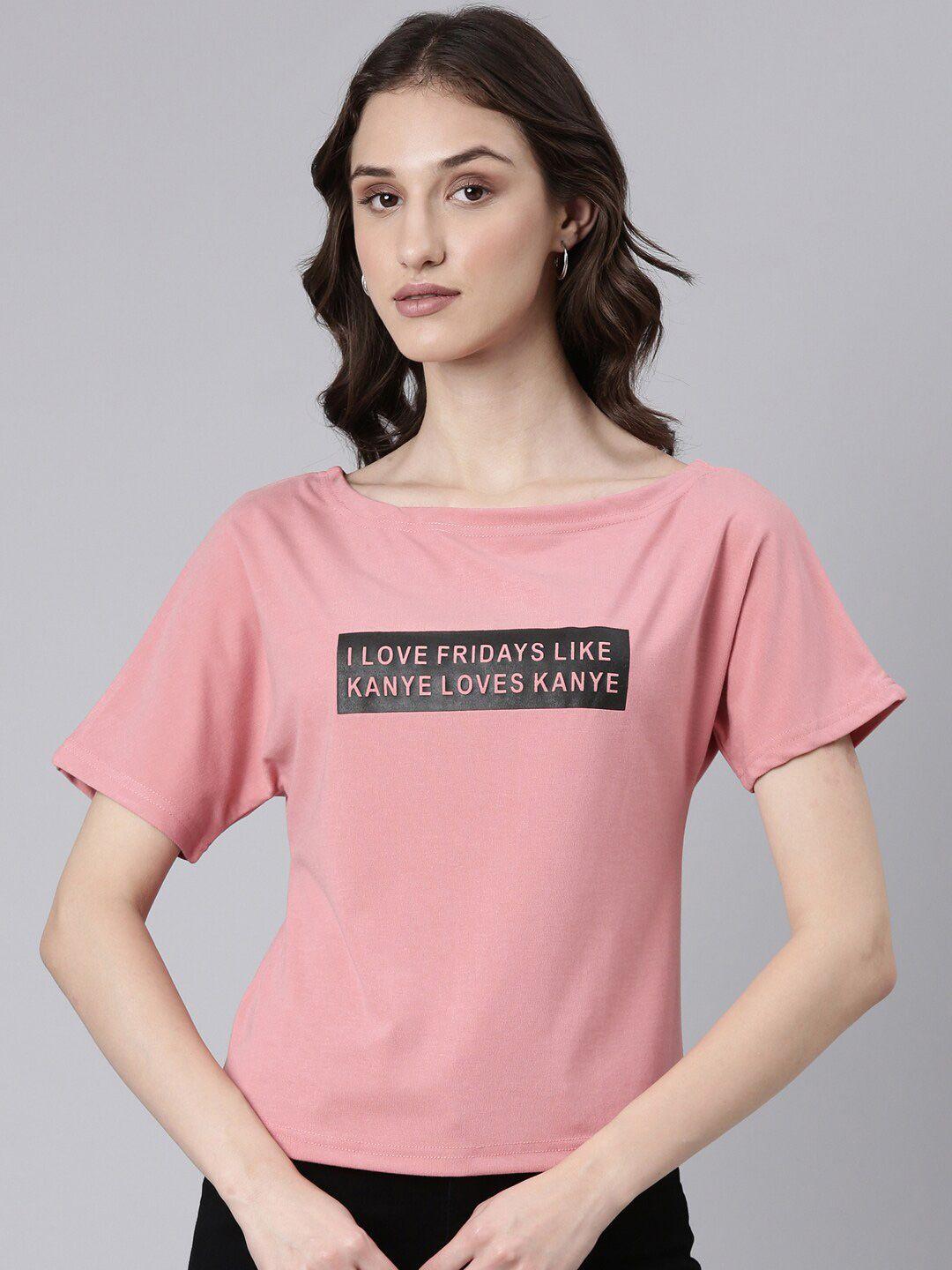 showoff peach-coloured typography printed extended sleeve slim fit t-shirt
