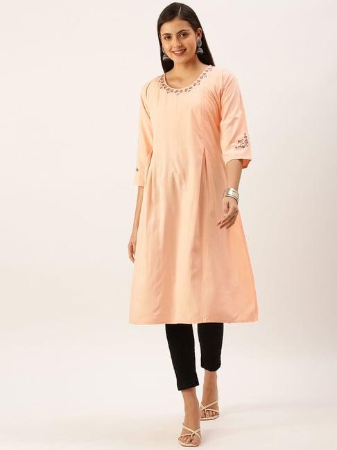 showoff peach cotton calf length straight kurta