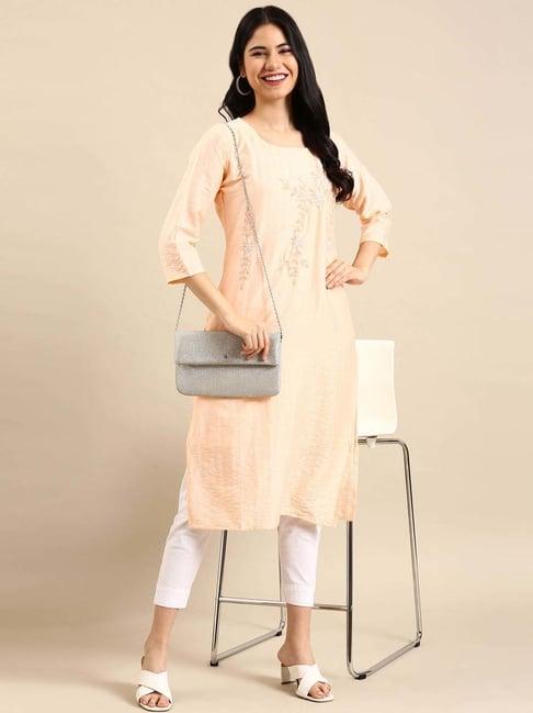 showoff peach cotton embellished straight kurta