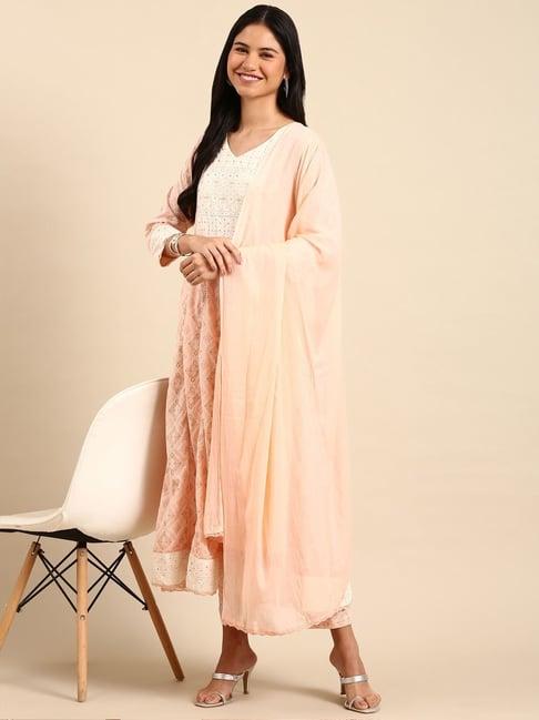 showoff peach cotton embroidered kurta pant set with dupatta