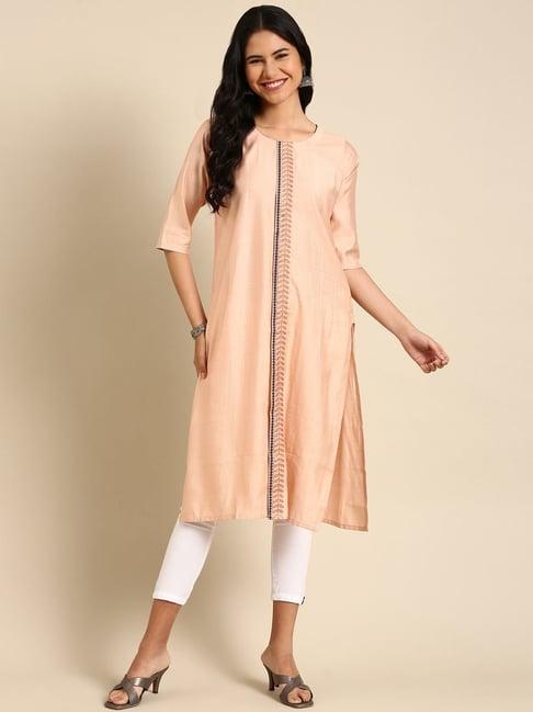 showoff peach cotton embroidered straight kurta