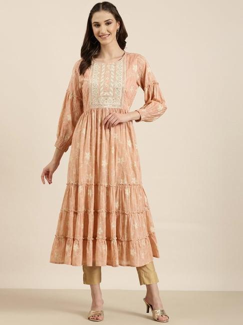 showoff peach cotton floral print kurta