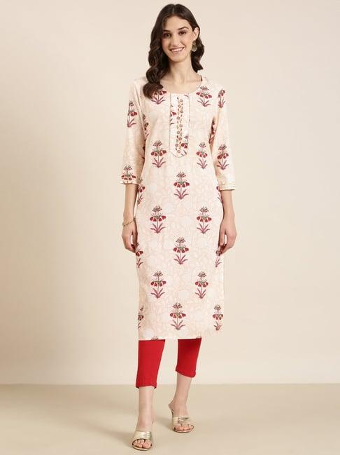 showoff peach cotton floral print kurta