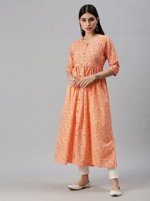 showoff peach cotton printed calf length a line kurta