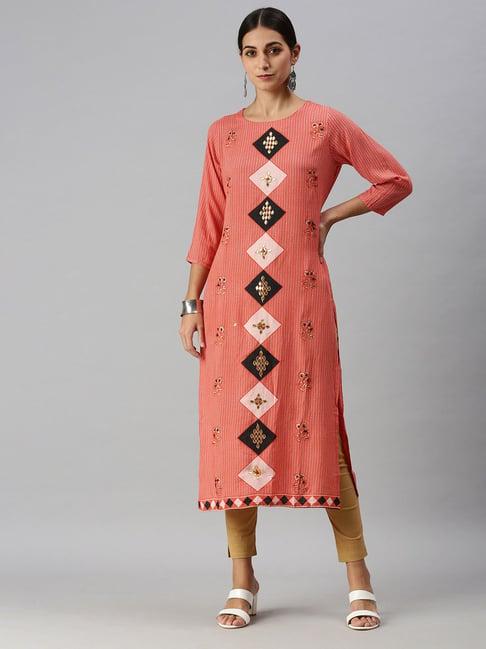 showoff peach cotton printed calf length straight kurta