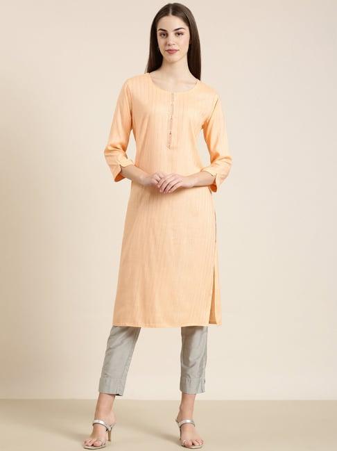 showoff peach cotton striped kurta