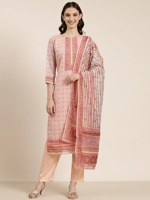 showoff peach embellished kurta with pants & dupatta