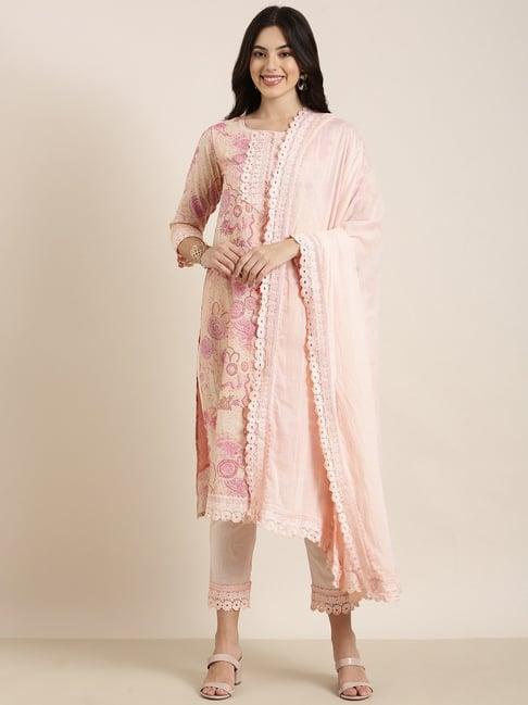 showoff peach embellished kurta with pants & dupatta