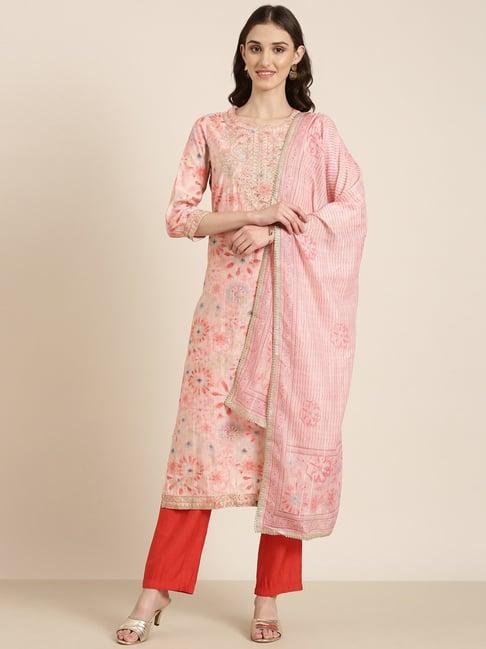 showoff peach embroidered kurta with pants & dupatta