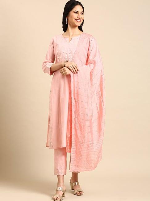 showoff peach embroidered straight calf length kurta with pants & dupatta