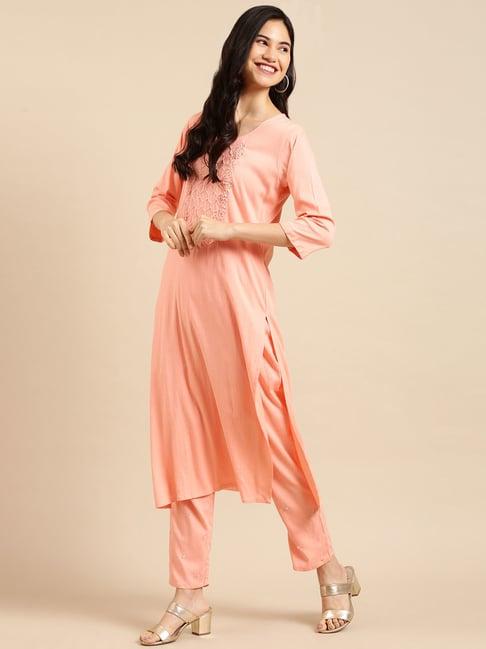 showoff peach embroidered straight calf length kurta with pants
