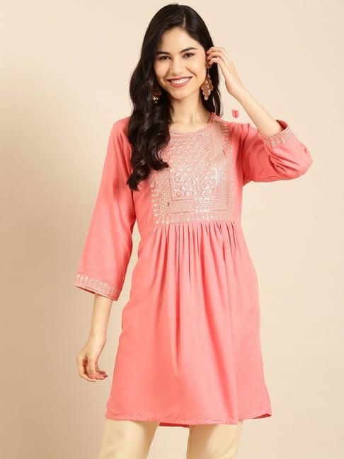 showoff peach embroidered straight kurti