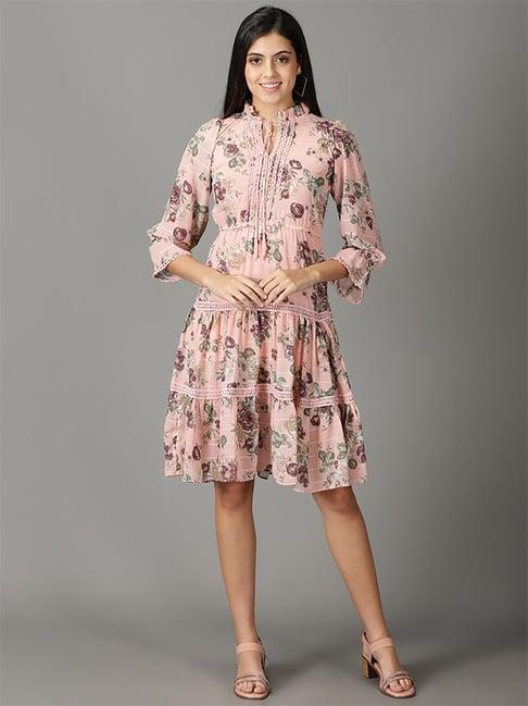 showoff peach floral print a-line dress