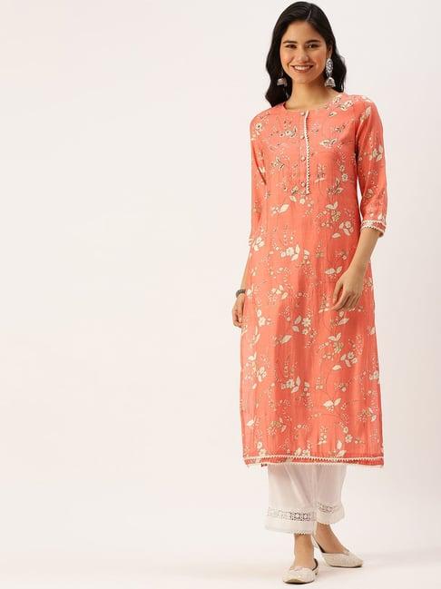 showoff peach floral print straight kurta with pants