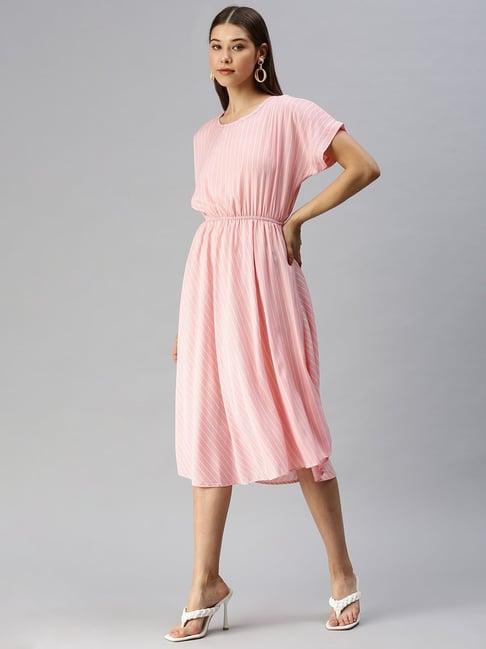 showoff peach polyester stripes a line dress