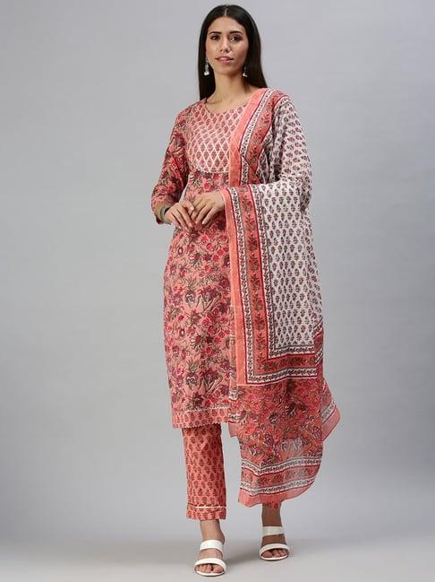 showoff peach printed straight calf length kurta with pants & dupatta